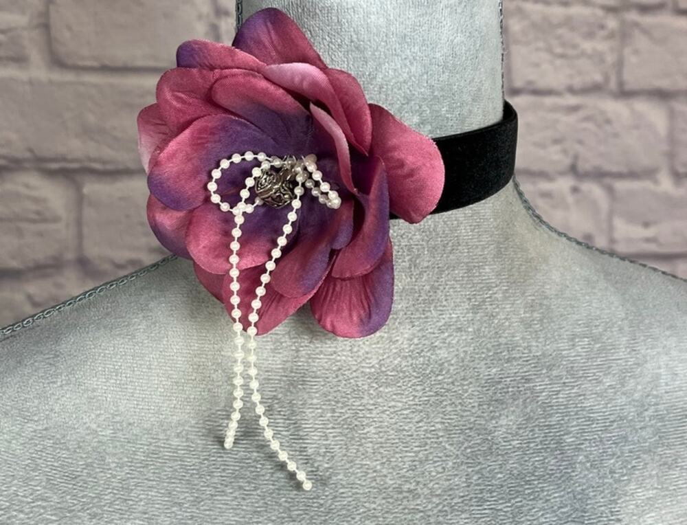 Handmade Velvet Choker with Offset Flower, Pearl Bow & Tiny Locket Box Pendant